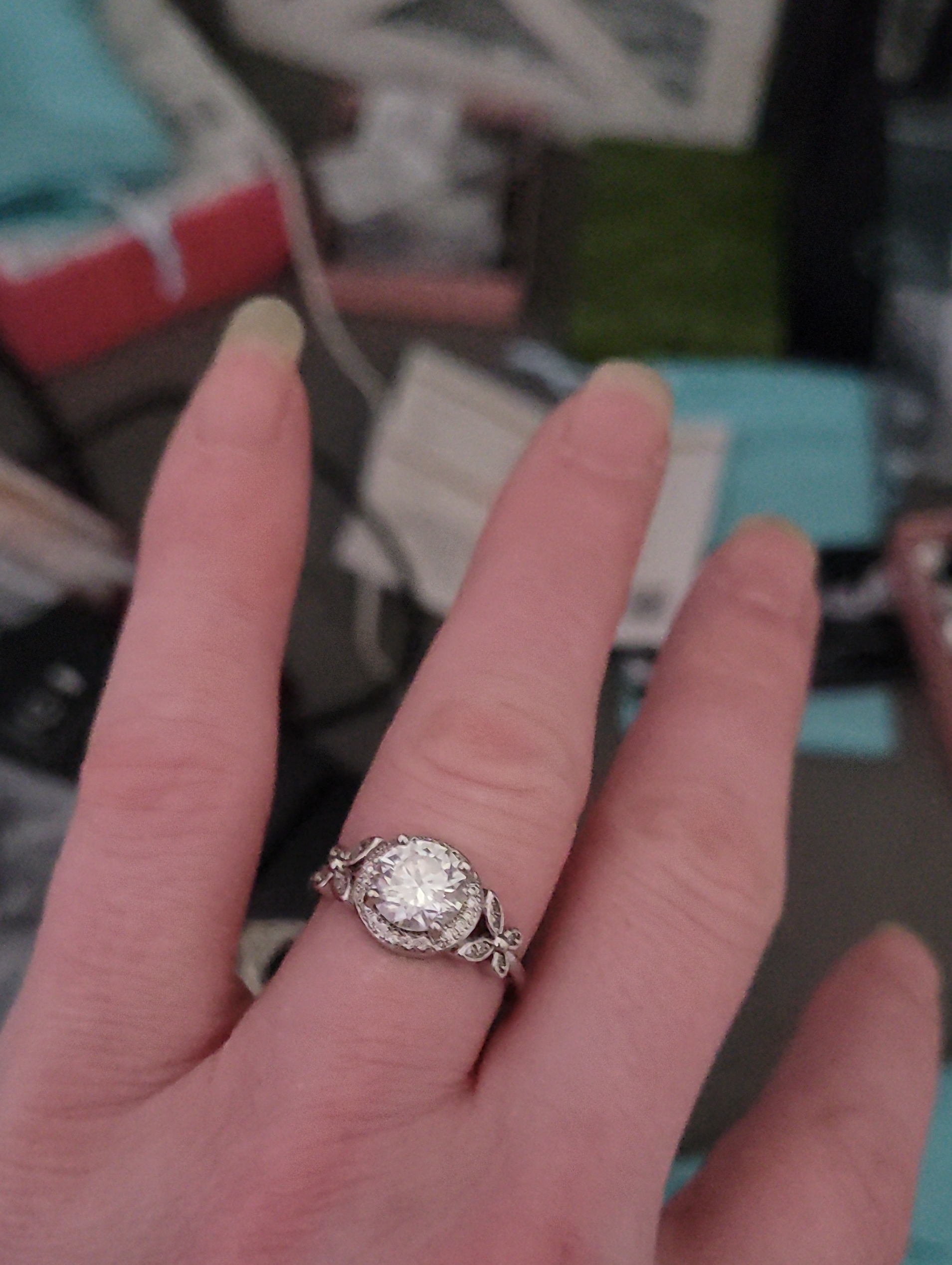 Silver Floral Halo Engagement Ring With Moissanite Center Stone